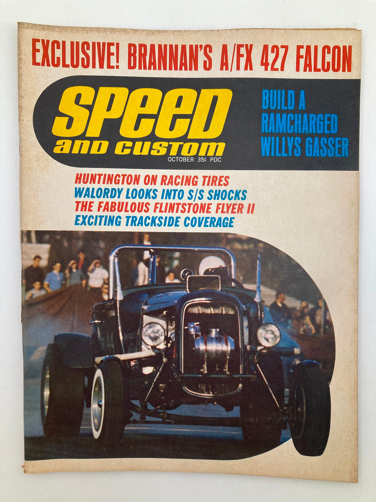 Cover of VTG Speed & Custom Magazine October 1964 Vol 13 #1 showcasing a Ramcharged Gasser, featuring headlines about racing tires and trackside coverage.