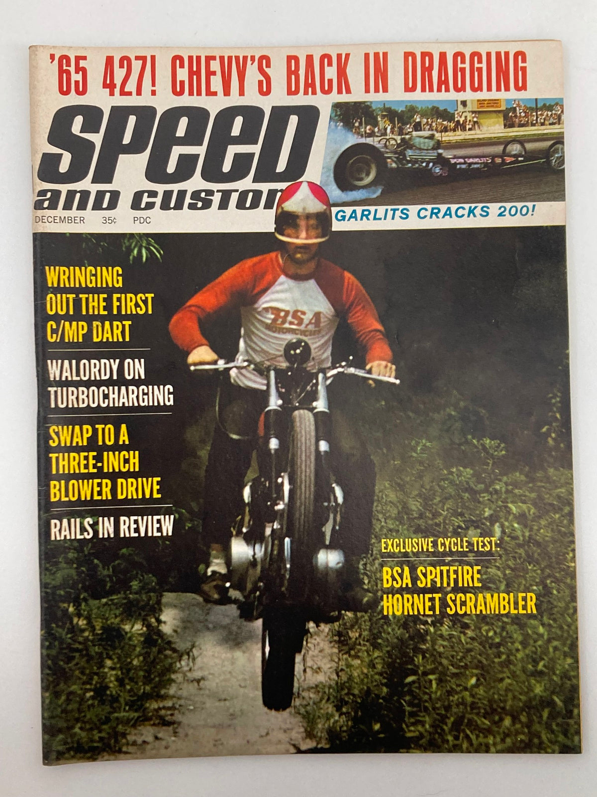 Cover of VTG Speed & Custom Magazine December 1964 Vol 13 #2 featuring a motorcyclist wearing a helmet on a BSA bike, with highlights about Chevy's return to drag racing, and the article 'Jack, the Giant Killer'.