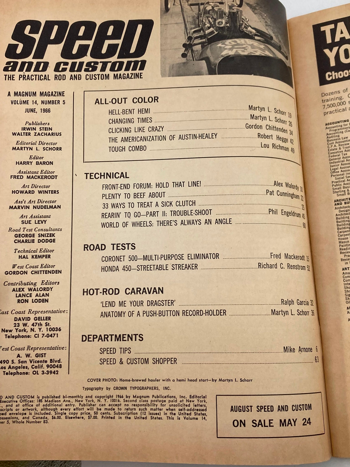 Contents page of VTG Speed & Custom Magazine June 1966, Volume 14, Number 5, highlighting key articles including 'Hell-Bent Hemi' and technical tips for car enthusiasts.