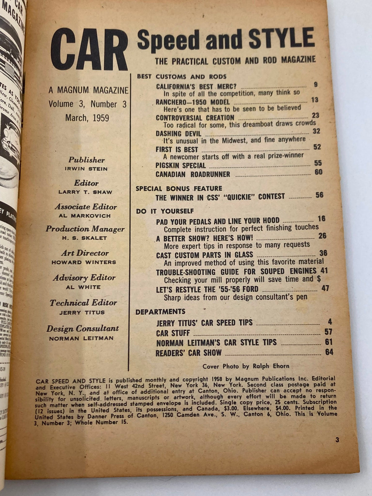 Interior page of the VTG Car Speed & Style Magazine from March 1959, showcasing the table of contents for volume 3, number 3, featuring articles on classic cars and custom styling.