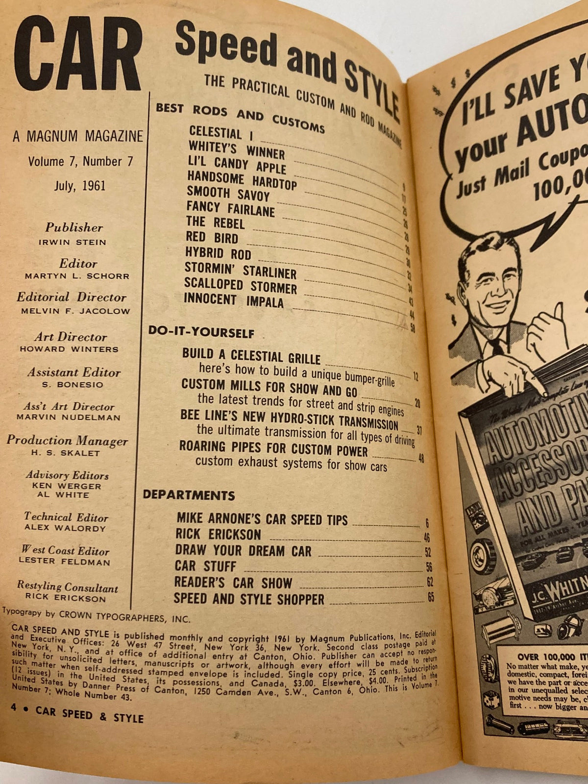 Inside page of the VTG Car Speed & Style Magazine July 1961 Vol 7 #7, displaying the magazine’s index and sections, focused on best rods and customs.