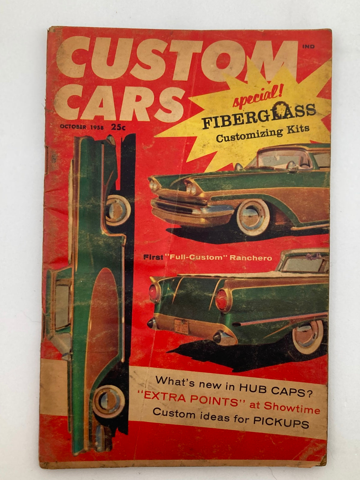 Cover of VTG Custom Cars Magazine October 1958 featuring the iconic Full-Custom Ranchero, showcasing vibrant graphics and vintage automotive design elements.