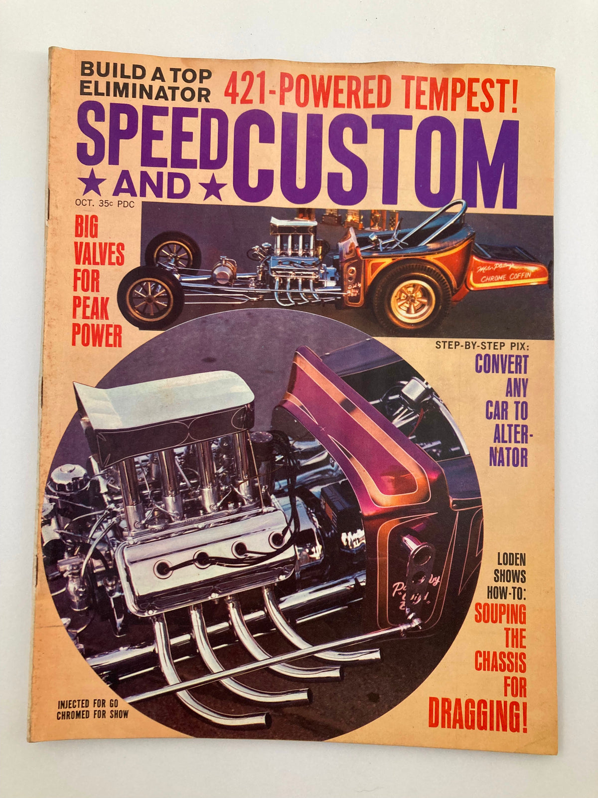 VTG Speed & Custom Magazine October 1963 Cover featuring a chromed engine setup and customization themes of the era, showcasing articles on automotive performance and styling.