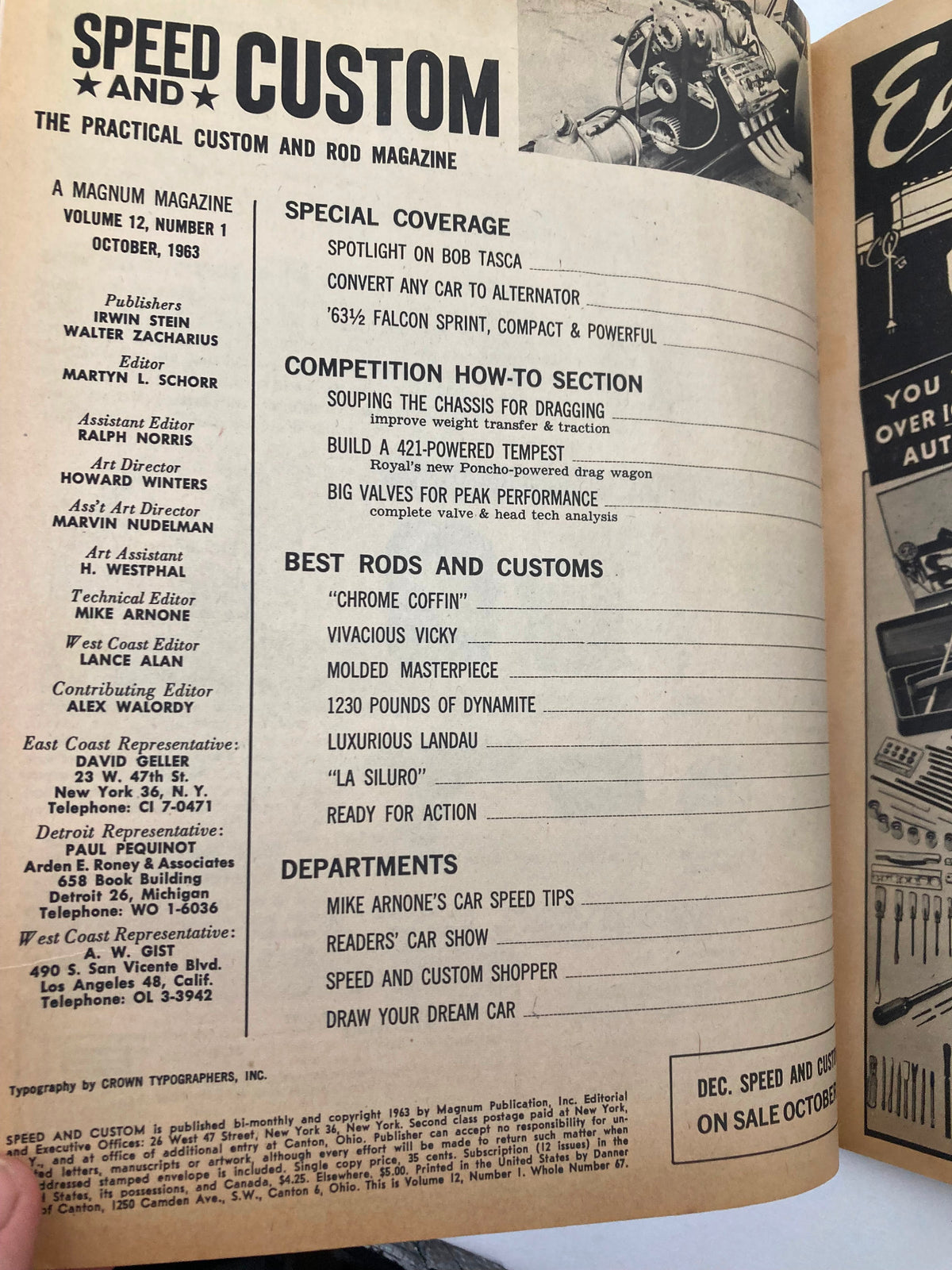 VTG Speed & Custom Magazine October 1963 Interior page highlighting special coverage, content structure, and topics such as car customization and performance modifications.