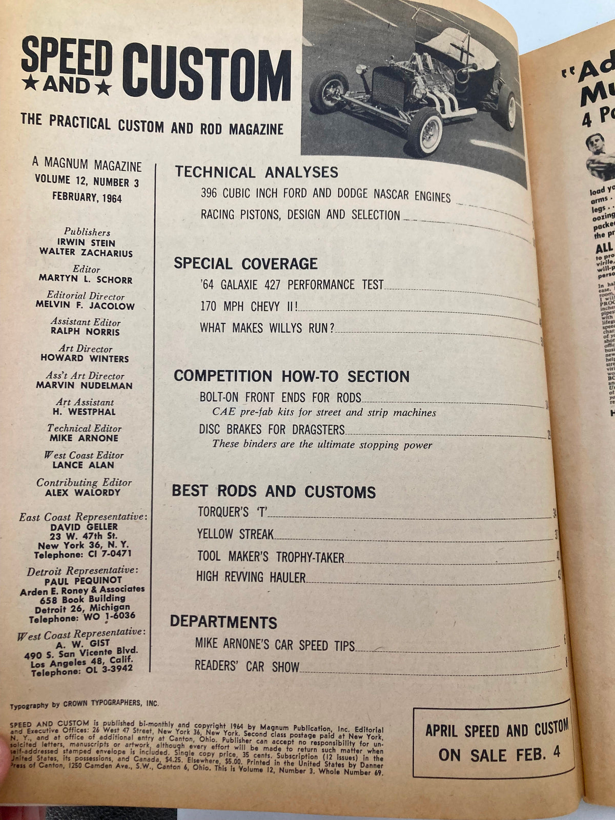 Interior page of VTG Speed & Custom Magazine February 1964, Volume 12 No 3 displaying technical analyses, special coverage on 427 Galaxie performance test, and sections on custom rod building.