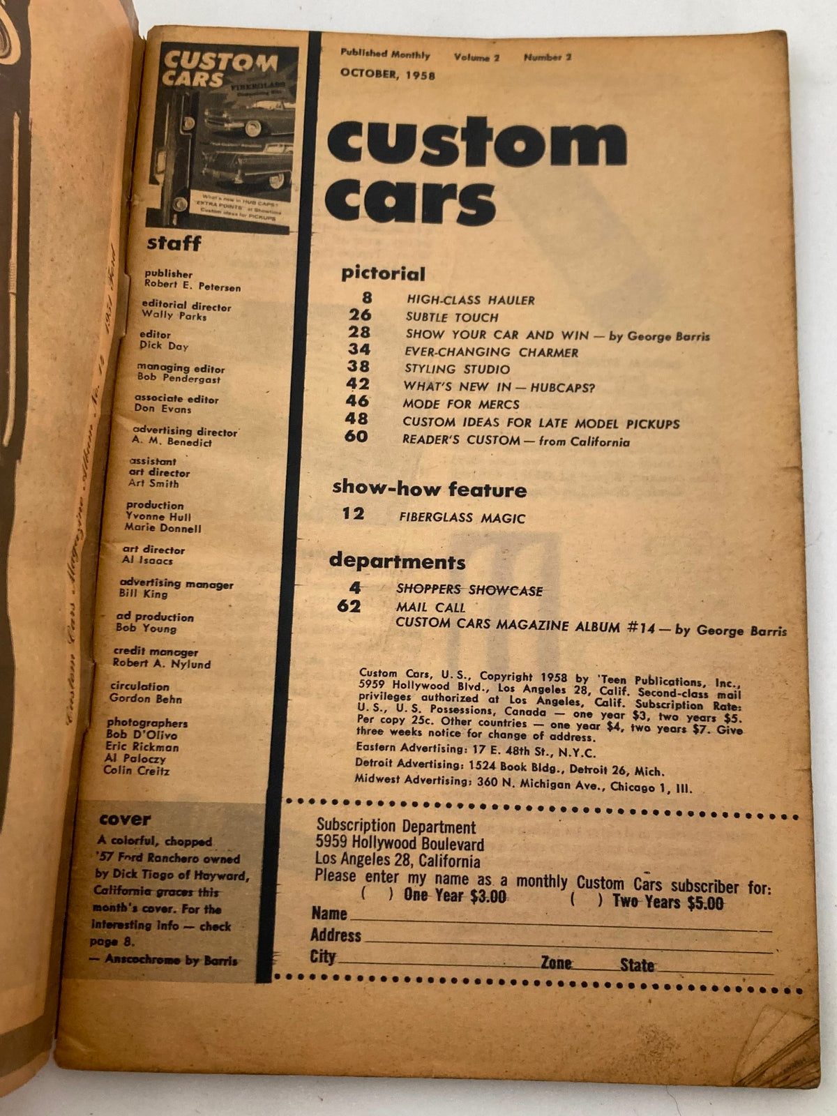 Interior page of VTG Custom Cars Magazine October 1958 displaying the publication's contents and staff credits, highlighting features like high-class haulers and fiberglass magic.