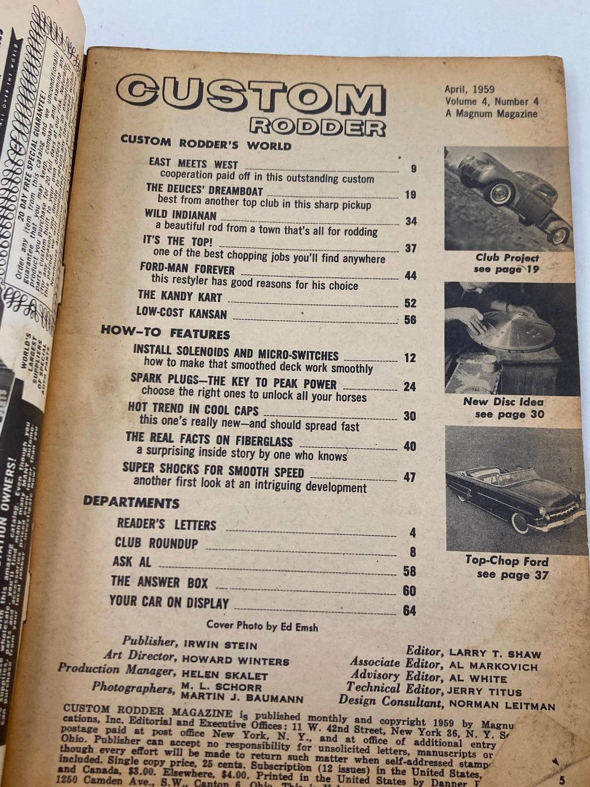 Table of contents of VTG Custom Rodder Magazine April 1959, Volume 4 Issue 4, highlighting features on custom cars and automotive culture.