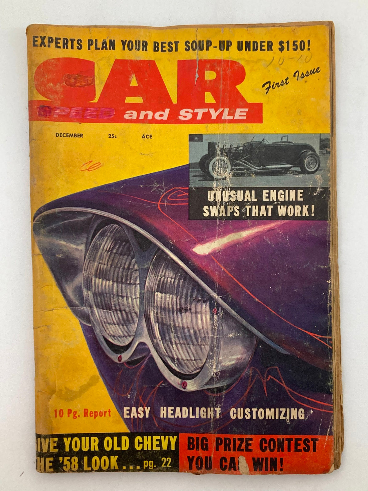 Cover of VTG Car Speed & Style Magazine December 1957, featuring the first issue with a striking image of headlights and custom car designs.