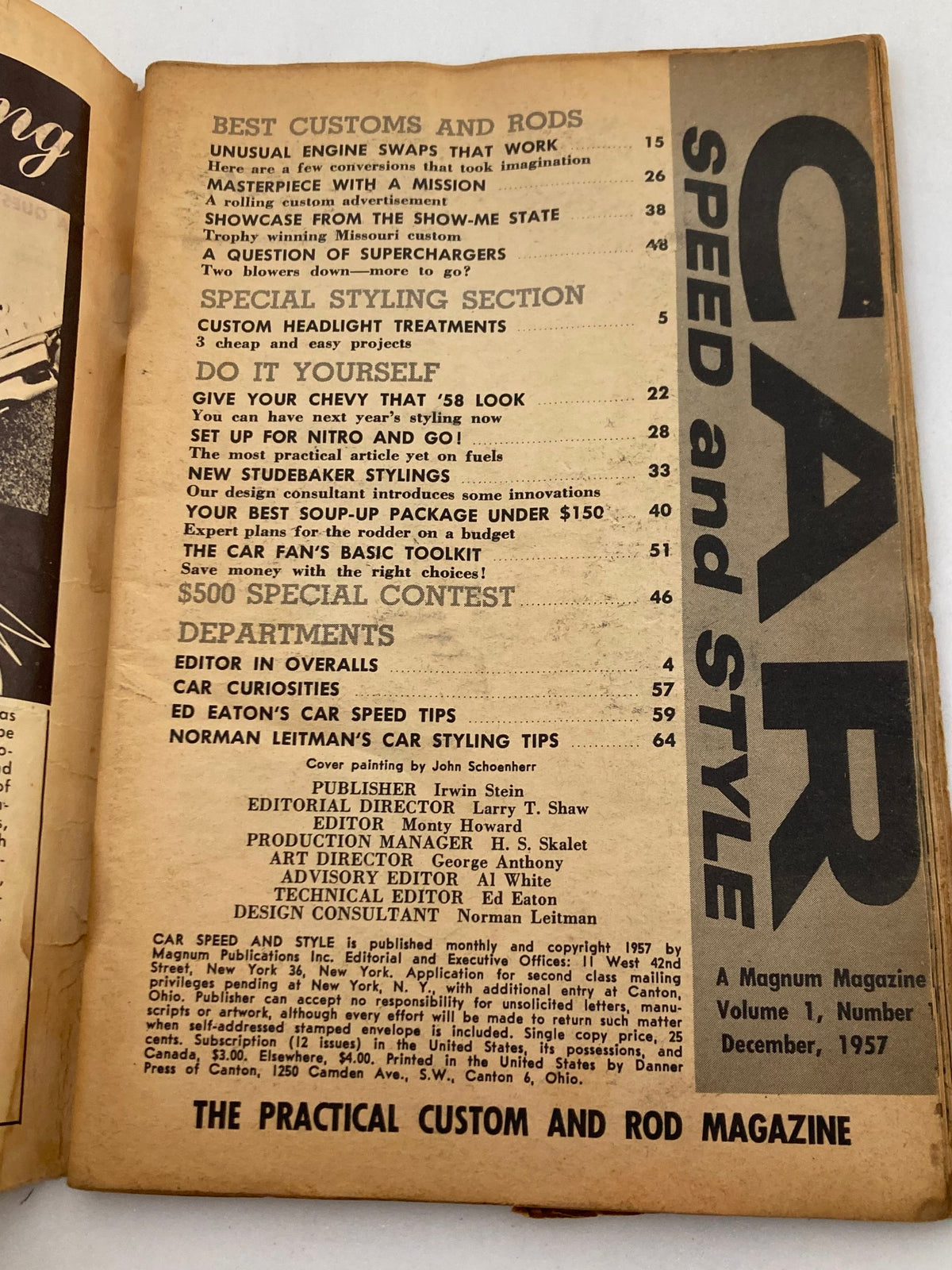 Inside page of VTG Car Speed & Style Magazine December 1957, showcasing the table of contents and various features related to car customization and automotive culture.