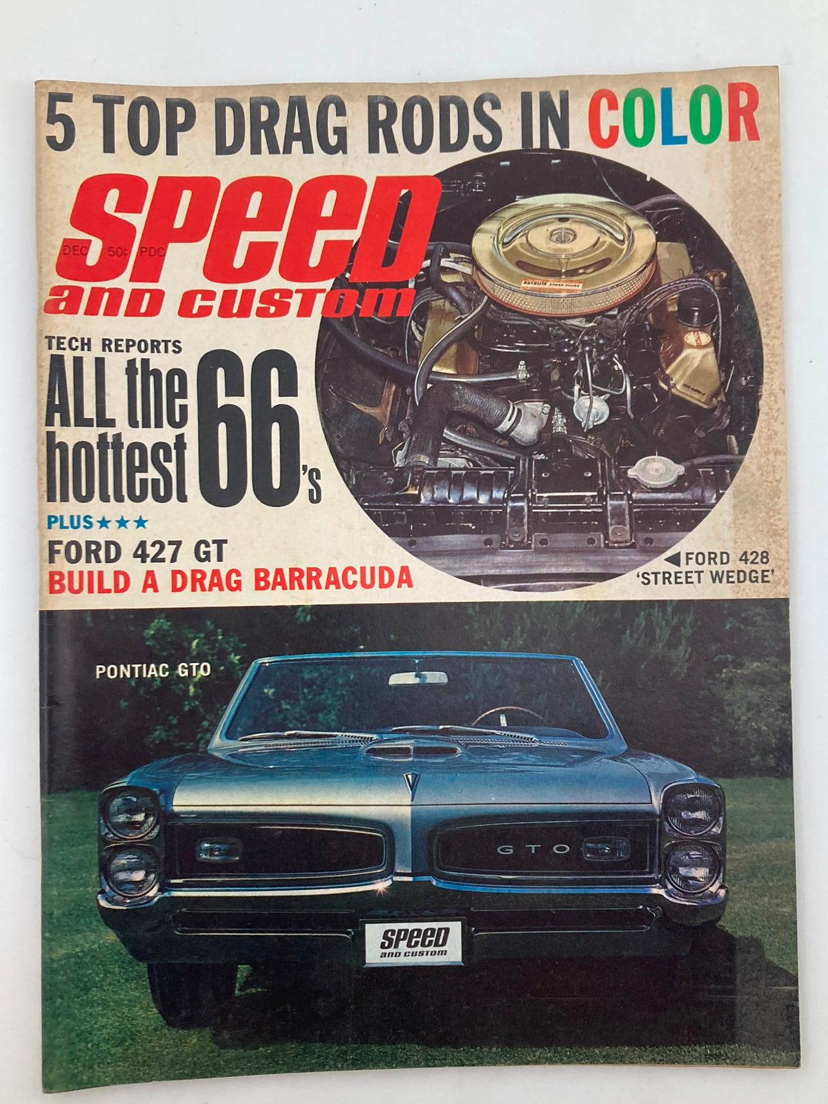 VTG Speed & Custom Magazine December 1965 Vol 14 #2 cover featuring a Pontiac GTO and text highlighting top drag rods, showcasing the vibrant automotive culture of the 1960s.