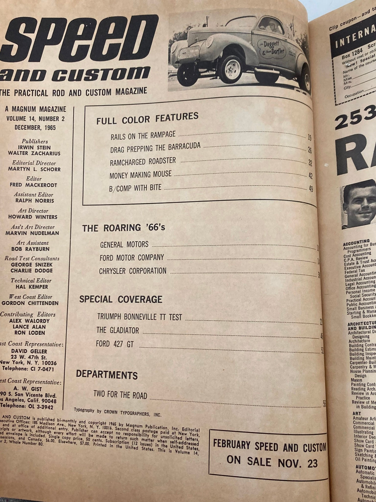 Inside page of VTG Speed & Custom Magazine December 1965 Vol 14 #2 with table of contents, outlining features and articles on classic car modifications and design from the era.