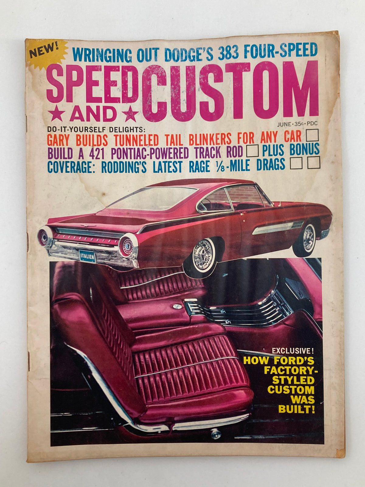 Cover of VTG Speed & Custom Magazine June 1963 Vol 11 #5 featuring Ford's Italien T-Bird, showcasing vivid colors and vintage design elements.