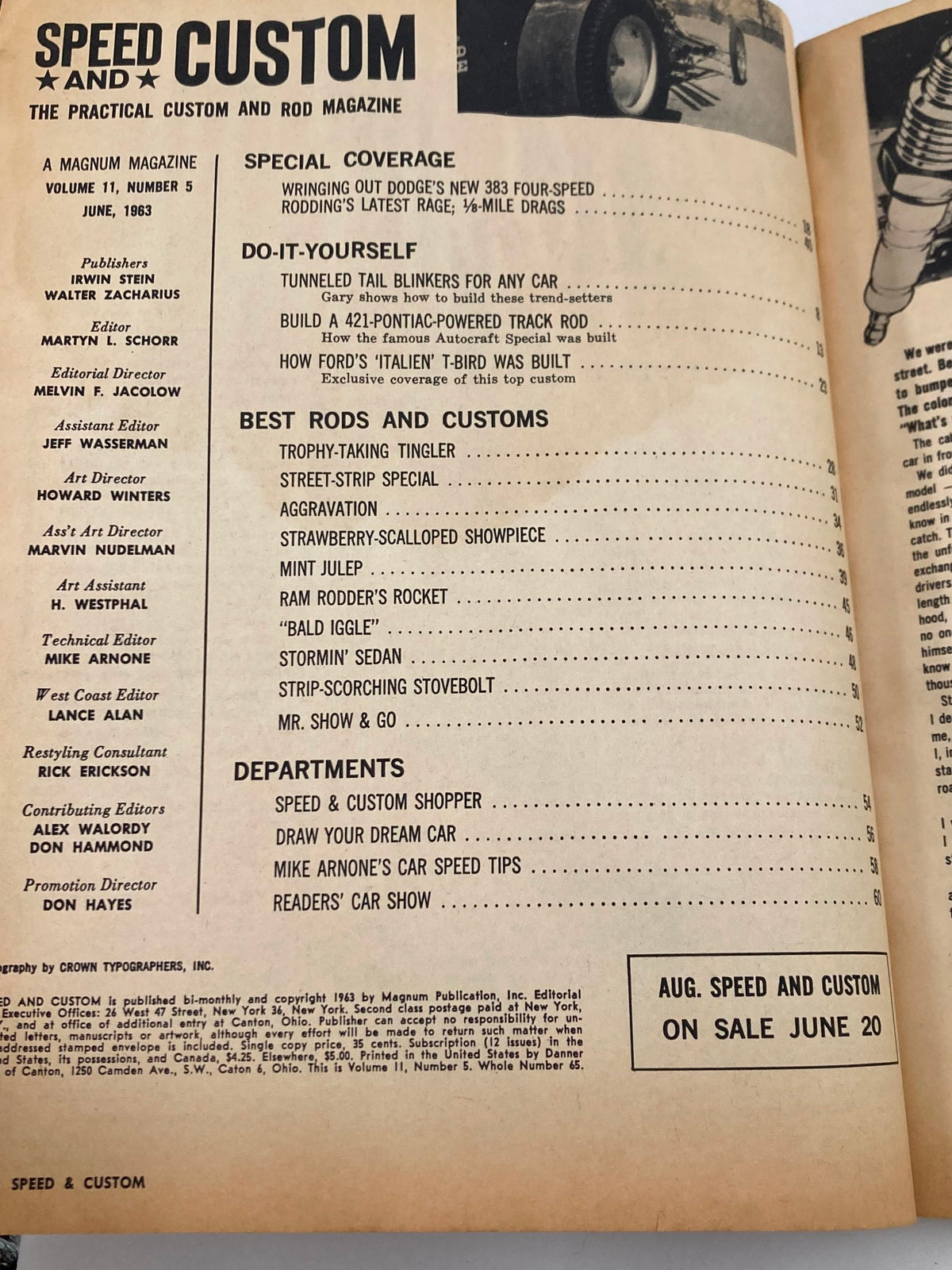 Interior page of VTG Speed & Custom Magazine June 1963 Vol 11 #5 displaying the table of contents and special features related to cars and automotive culture.