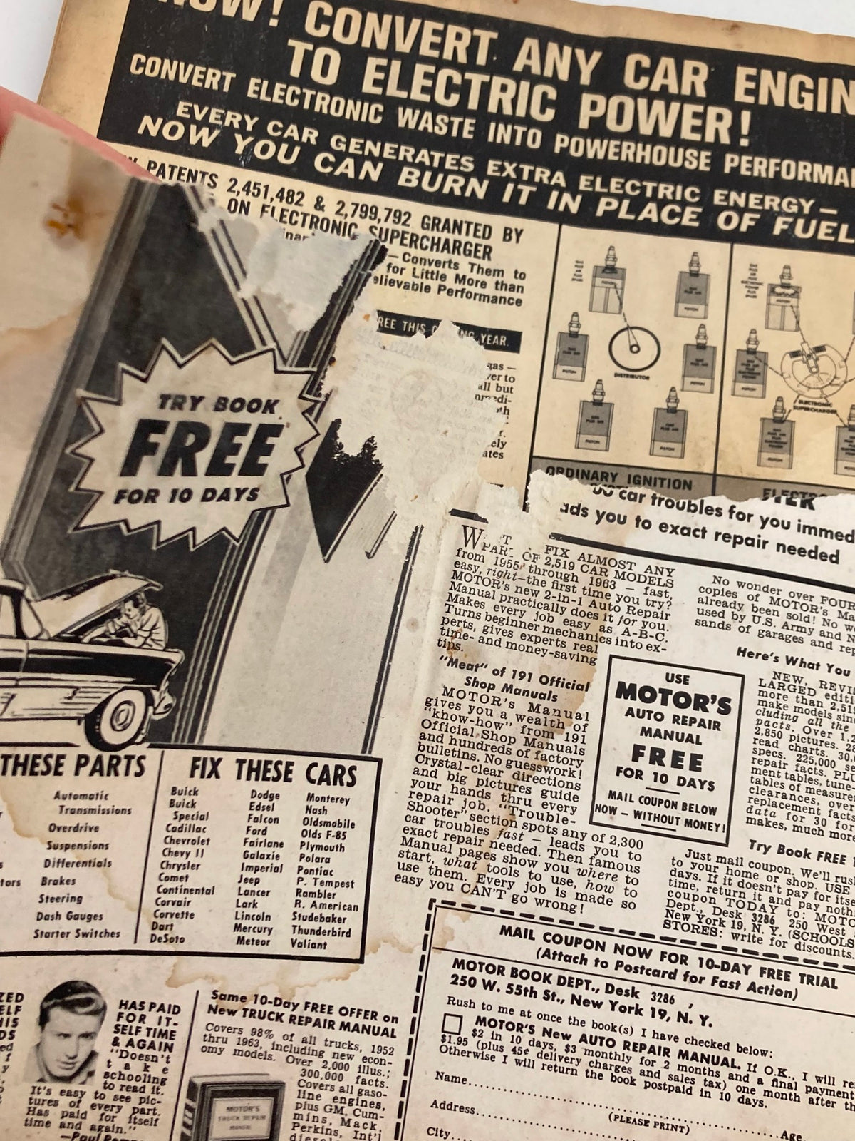 Vintage advertisement from Speed & Custom Magazine June 1963 Vol 11 #5 Ford's Italien T-Bird, featuring a call to convert car engines to electric power and instructions on fixing various automotive parts.