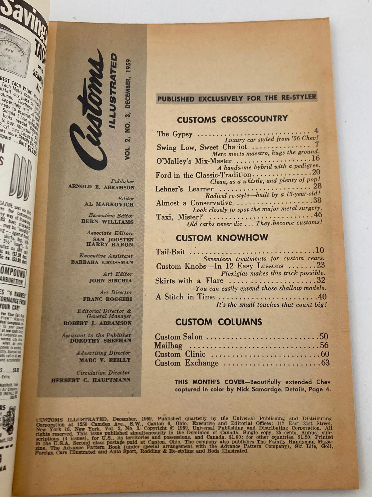Interior page of VTG Customs Illustrated Magazine December 1959, Vol 2 No 3, featuring magazine details and articles related to automotive customization.