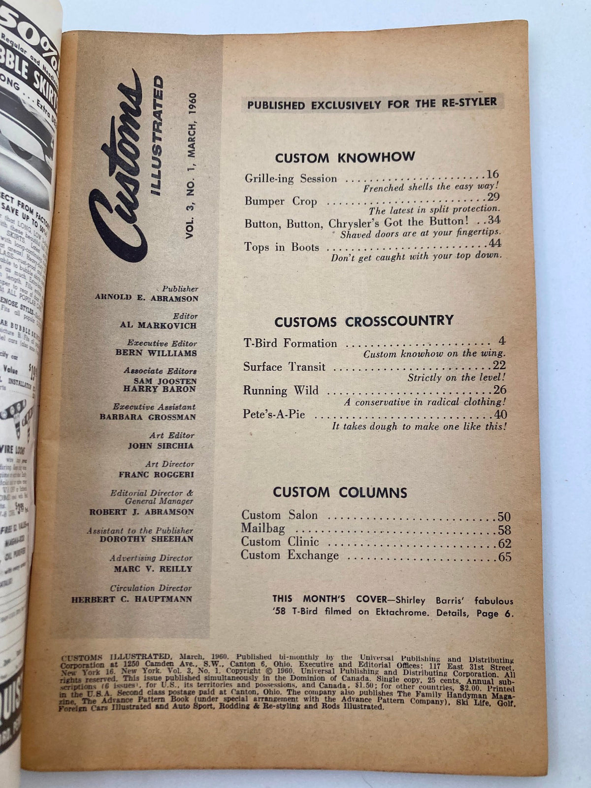 Interior page of VTG Customs Illustrated Magazine March 1960 Vol 3 #1 featuring article titles and contents related to custom car styling and DIY projects.