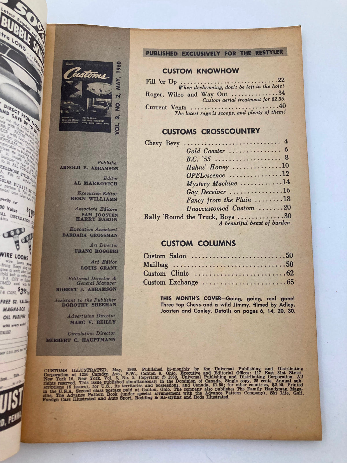 Inside page of VTG Customs Illustrated Magazine May 1960 highlighting the table of contents with features on custom cars and restoration tips.