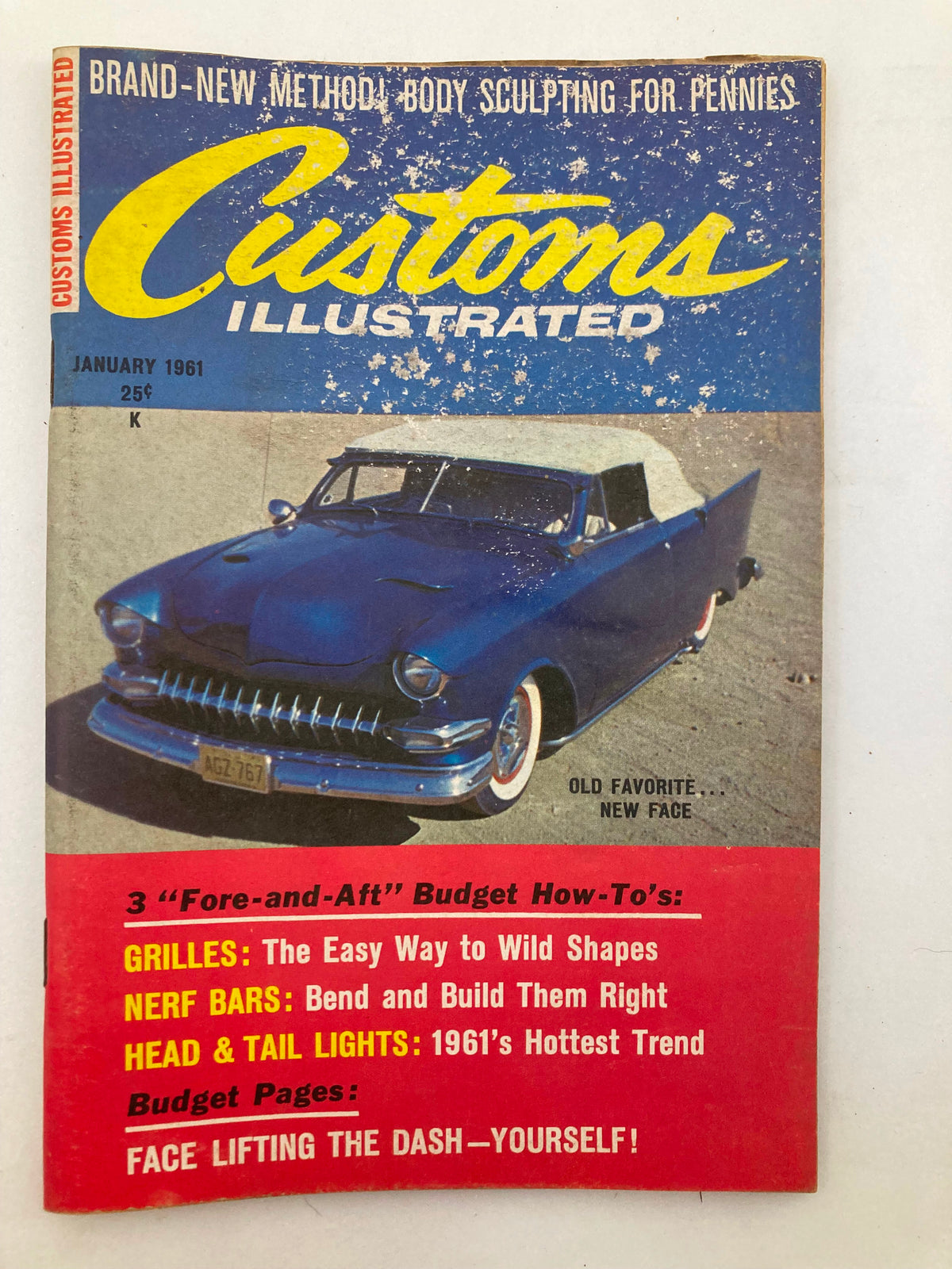 Cover of the VTG Customs Illustrated Magazine from January 1961, Volume 3, Issue 6 featuring a blue custom car. The magazine highlights body sculpting techniques and budget how-tos for car enthusiasts.