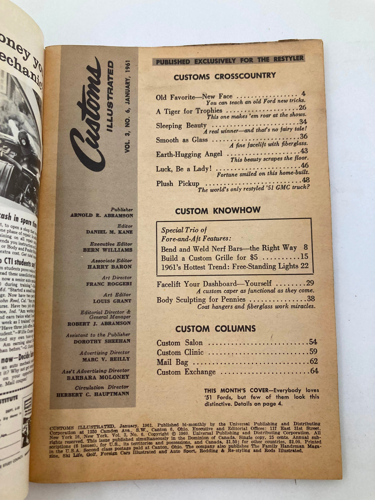Inside page of VTG Customs Illustrated Magazine January 1961 Vol 3 #6, displaying the table of contents and publication details, reflecting the era's custom vehicle insights.