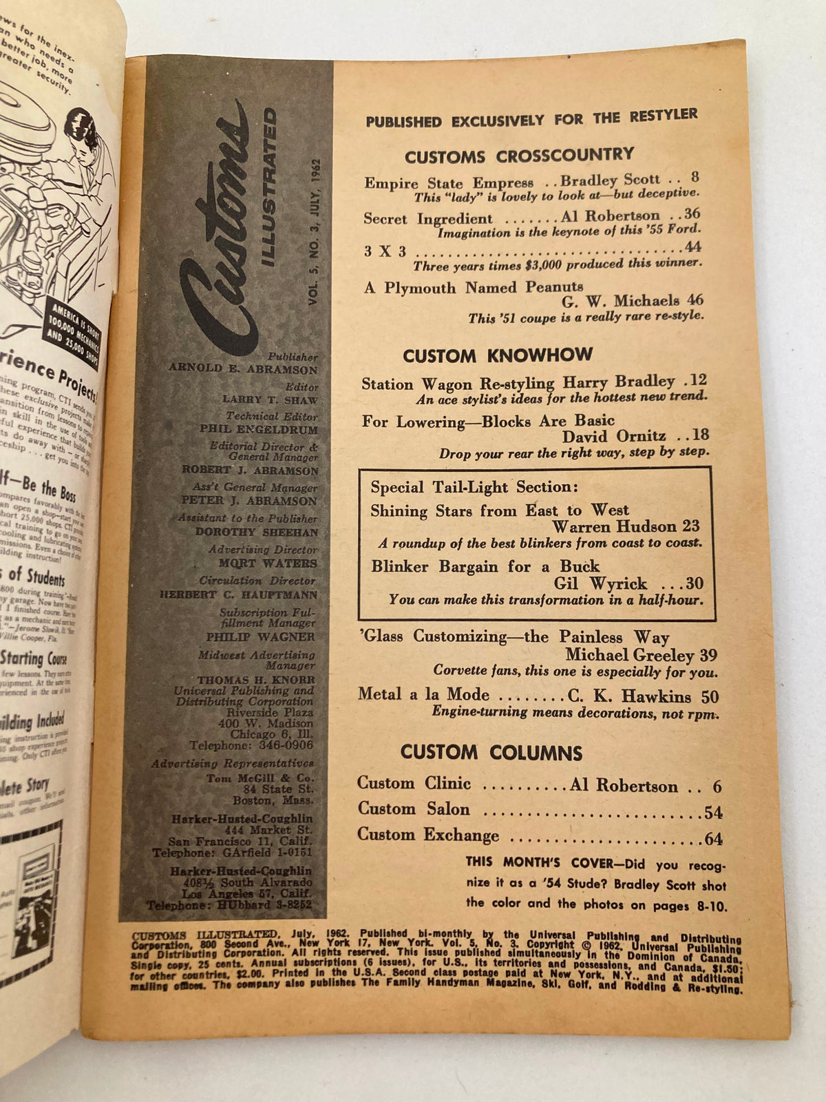Interior cover page of VTG Customs Illustrated Magazine July 1962 Vol 5 No 3 featuring article listings and credits for automotive content.