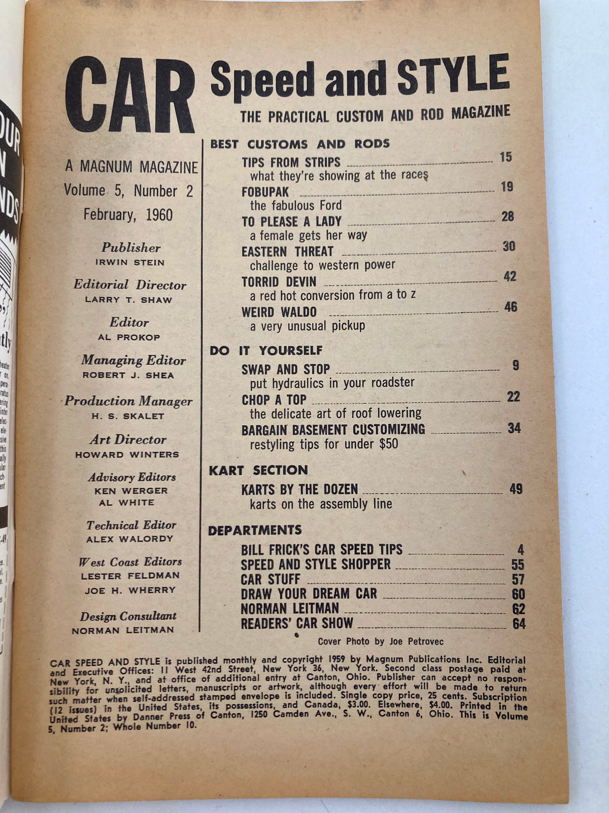Cover page of the VTG Car Speed & Style Magazine February 1960, Volume 5, Issue #2, featuring articles on automotive customizations and technical tips including hydraulic brakes.