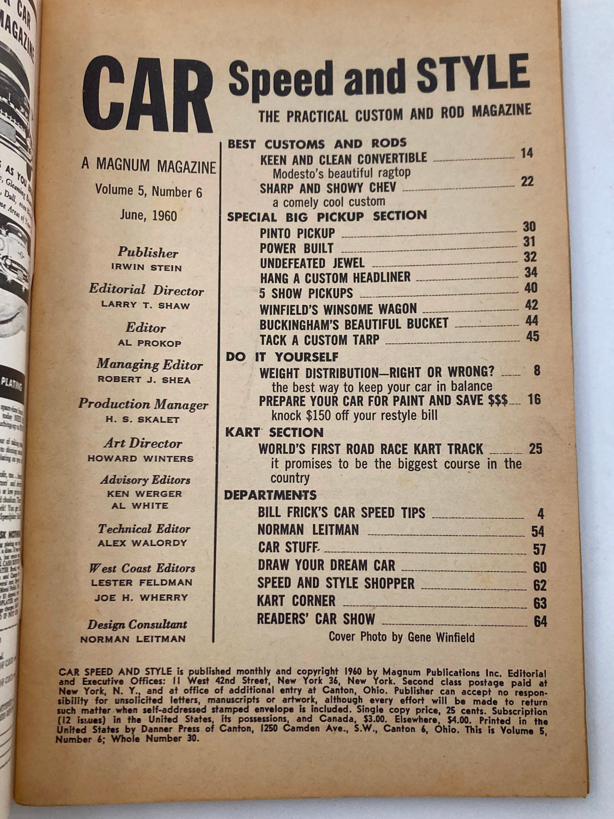 Interior page of VTG Car Speed & Style Magazine June 1960 Vol 5 #6 displaying the table of contents and features related to custom cars and kart racing