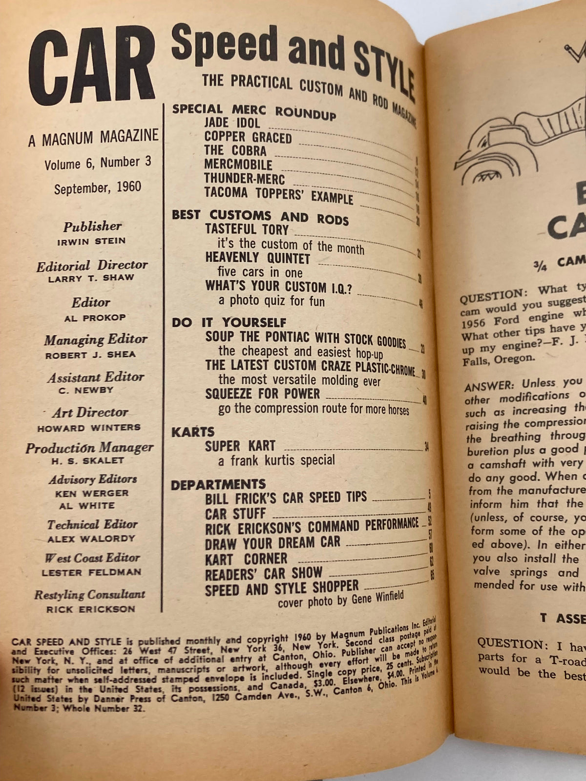 Inside page of VTG Car Speed & Style Magazine September 1960, Volume 6, Number 3, highlighting articles on car customization and performance.