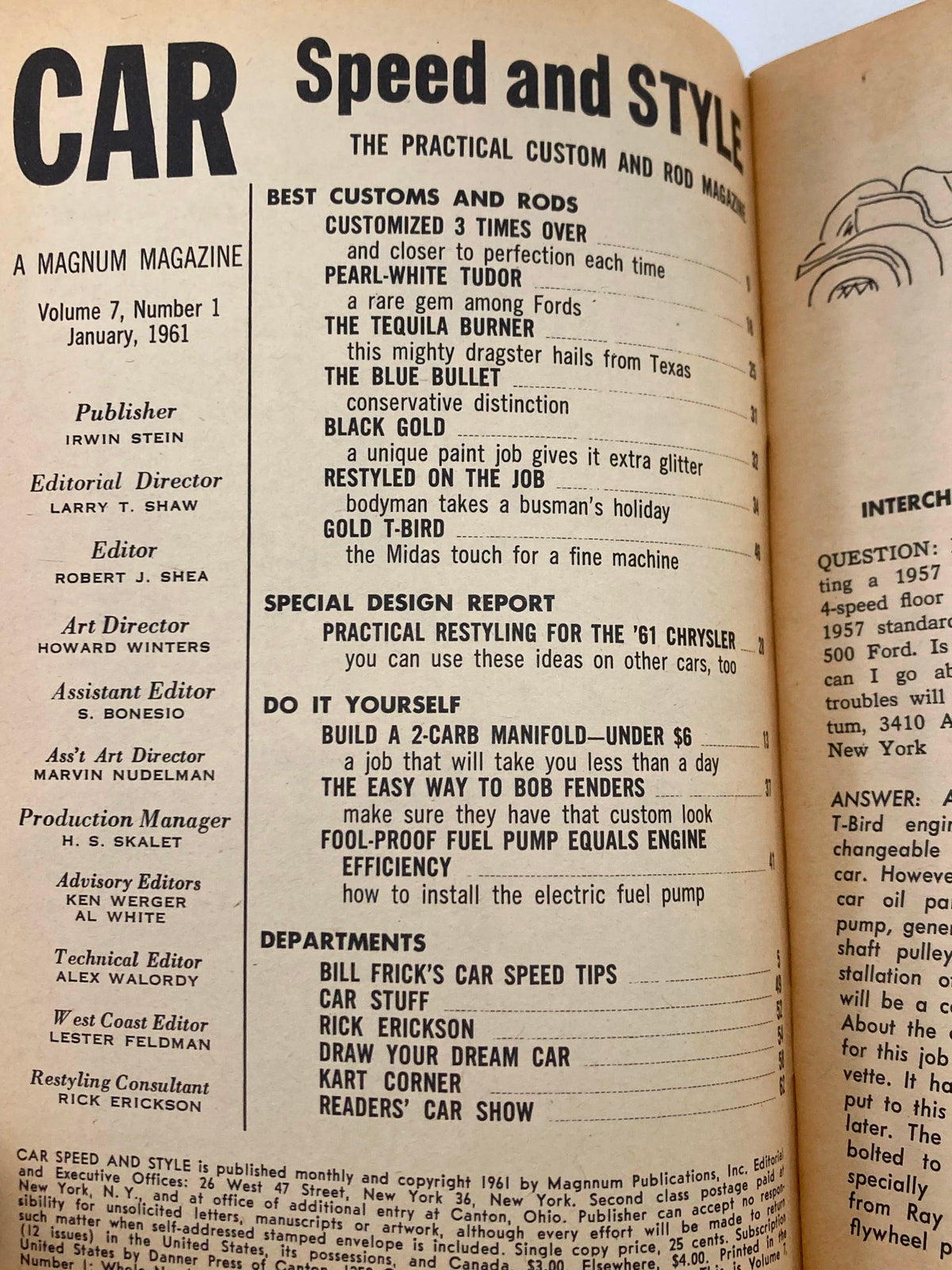 Interior page of VTG Car Speed & Style Magazine January 1961 Vol 7 #1 featuring articles on customs and rods, a detailed contents list, and various automotive features. A historical gem for car culture collectors.