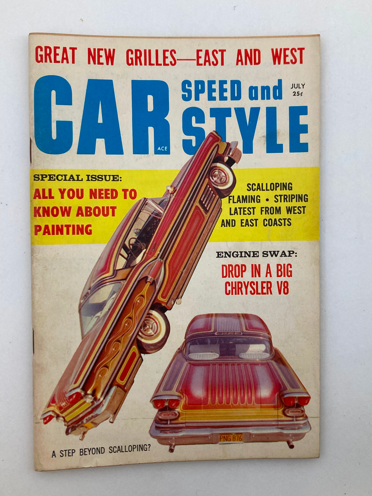 Cover of VTG Car Speed & Style Magazine July 1959 Vol 4 #1 featuring a striking illustration of a car with vibrant paint design and the headline 'Drop in a Big Chrysler V8'. A vintage magazine that captures the automotive culture of the late 1950s.