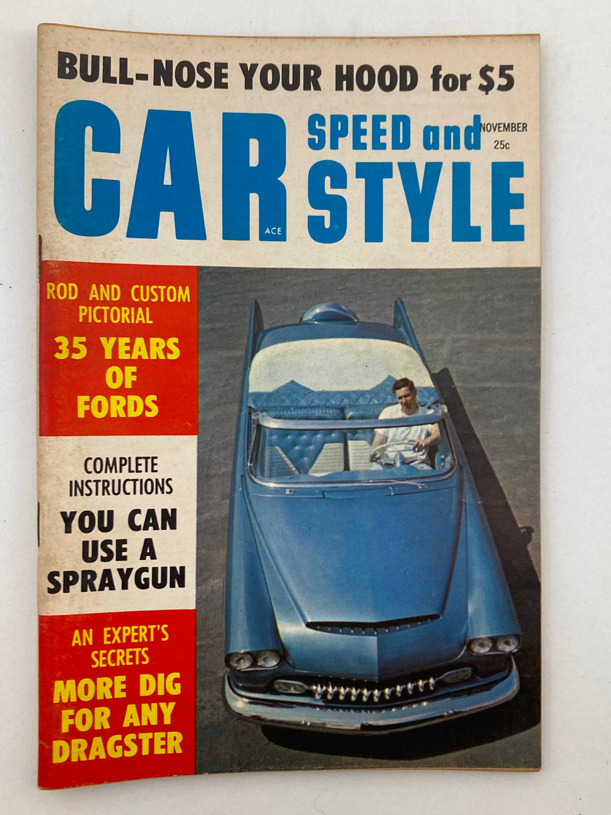VTG Car Speed & Style Magazine November 1959 Vol 4 #5 cover featuring a blue car and bold text signaling car speed and style.