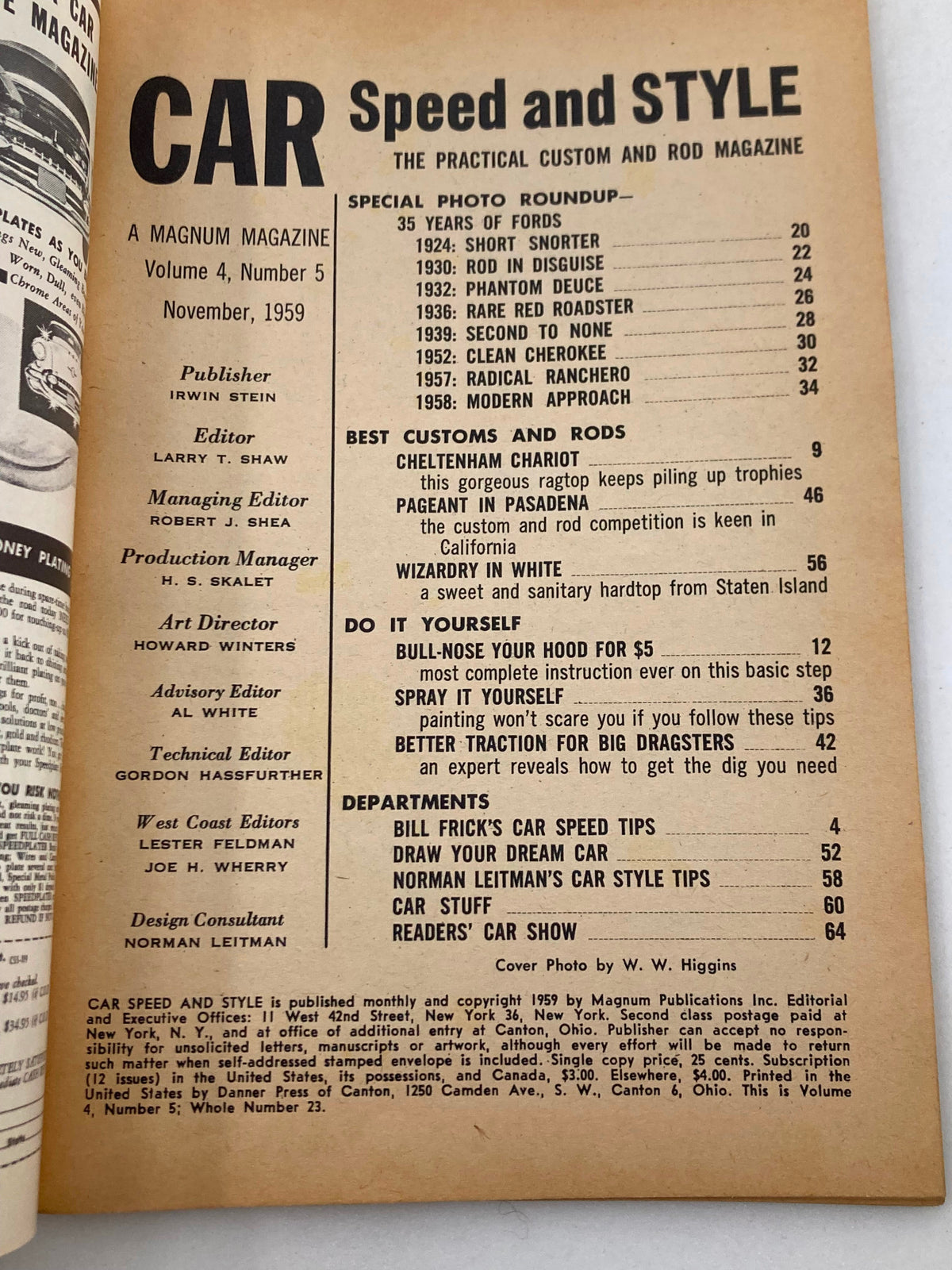 Inside page of VTG Car Speed & Style Magazine November 1959 Vol 4 #5 showcasing contents with articles related to classic cars and custom automotive culture.