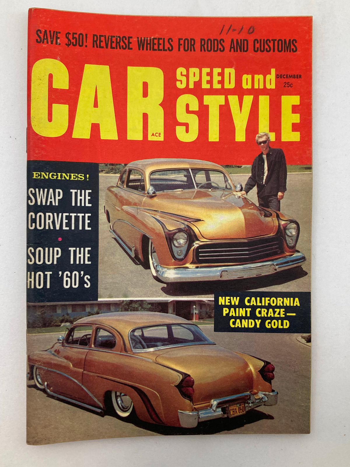Cover of VTG Car Speed & Style Magazine December 1959 Vol 4 #6 featuring Candy Gold paint, showcasing classic cars and a stylish presenter, highlighting automotive culture of the late 1950s.