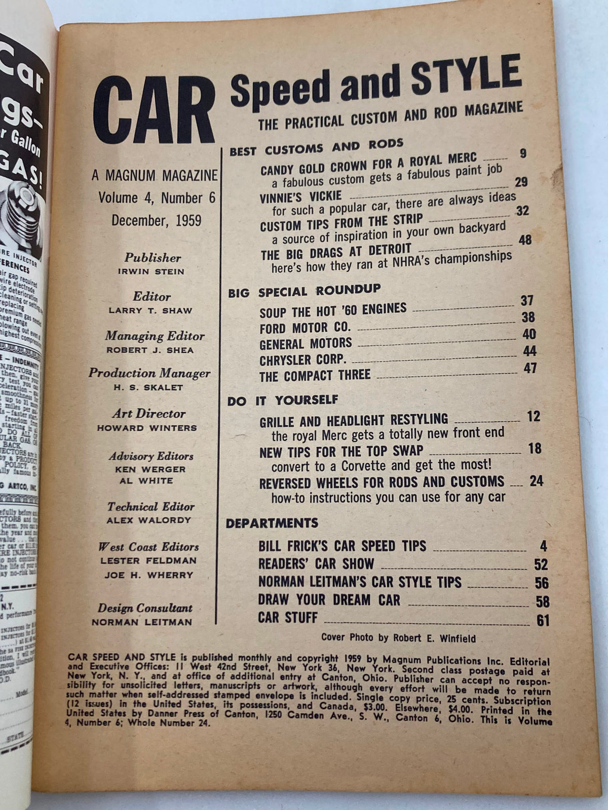 Inside page of VTG Car Speed & Style Magazine December 1959 Vol 4 #6 showcasing editorial and article titles related to automotive design and performance.