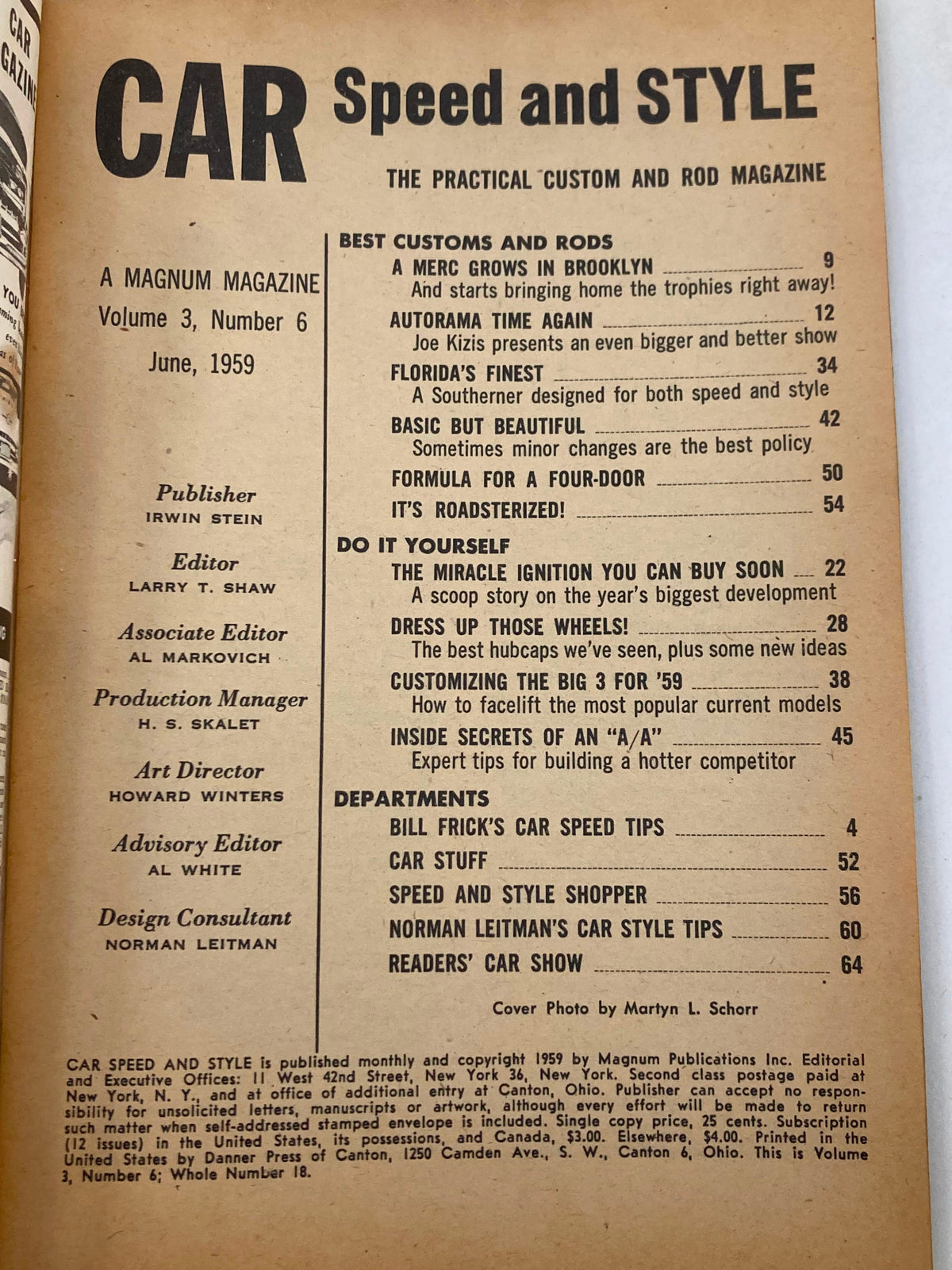 Inside page of VTG Car Speed & Style Magazine June 1959 showcasing the table of contents, highlighting various articles on custom cars and automotive tips.