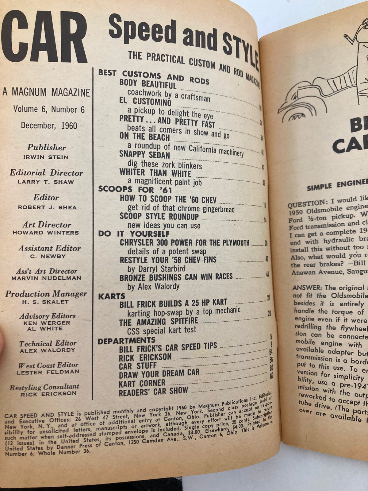 Interior page of VTG Car Speed & Style Magazine December 1960, Volume 6 Issue 6 detailing articles, features, and content layout, emphasizing 1960s automotive culture.