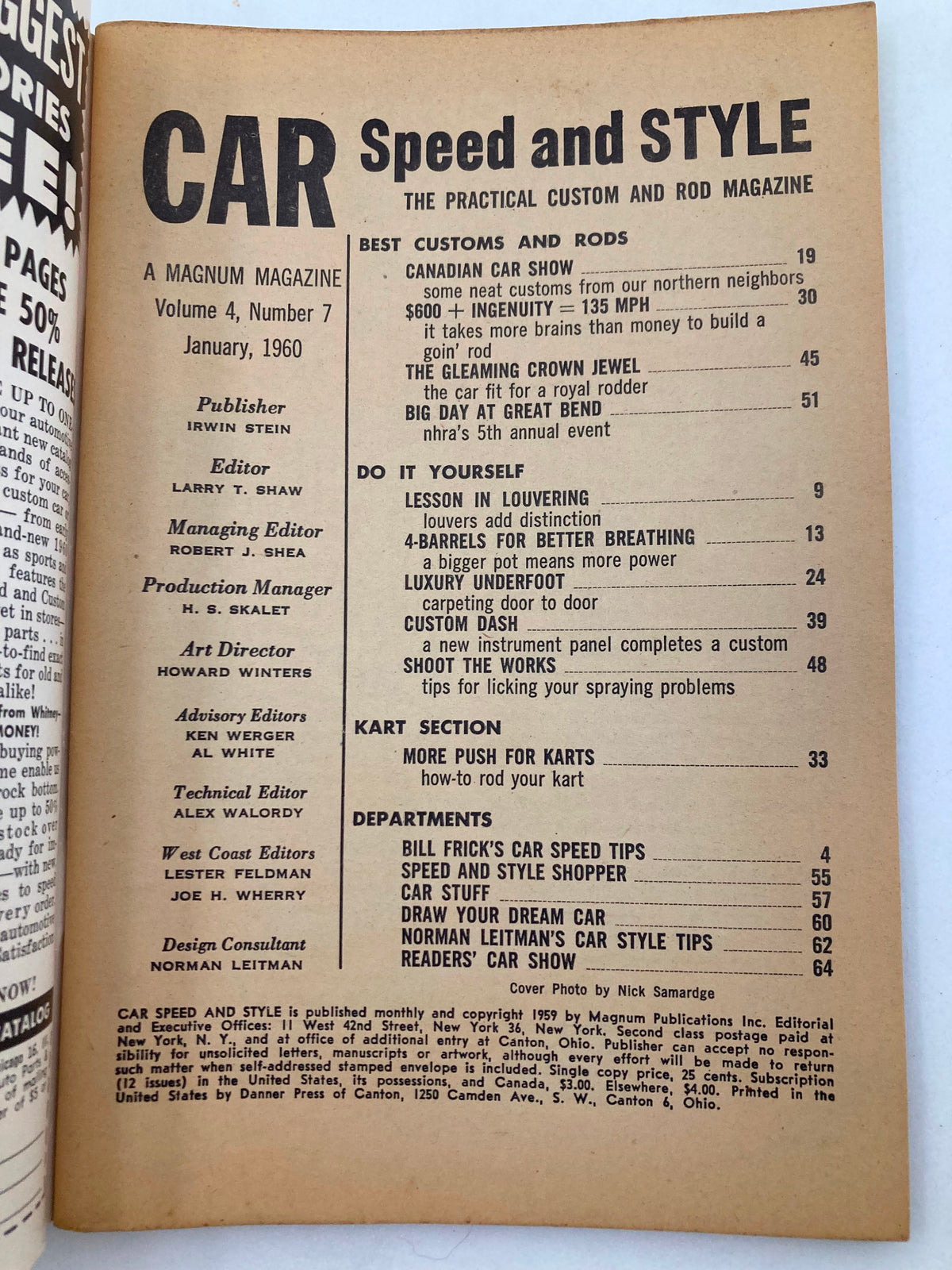 VTG Car Speed & Style Magazine January 1960 Vol 4 #7 interior page showcasing the table of contents and various articles on car modifications and custom features.