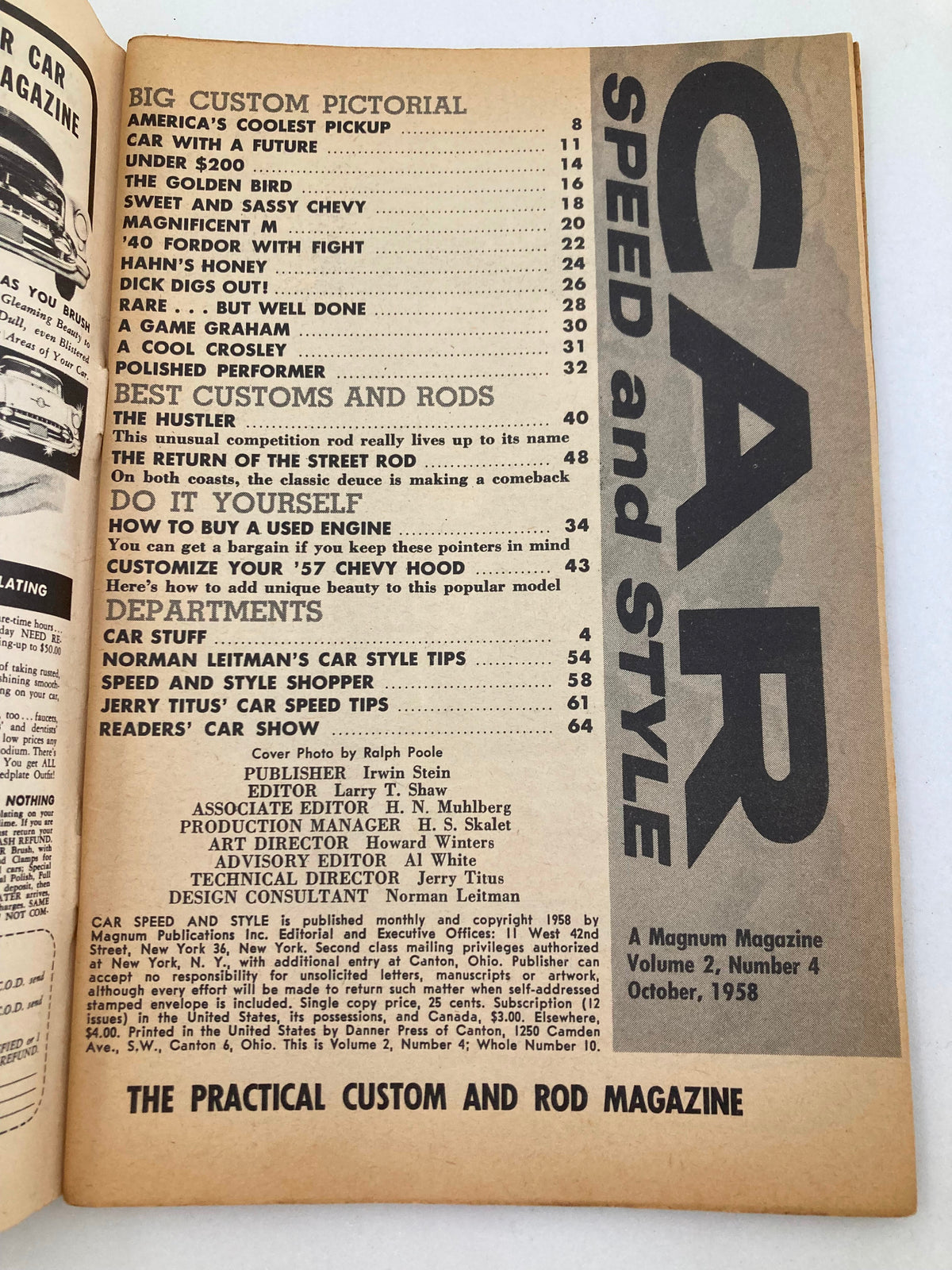 Interior page of VTG Car Speed & Style Magazine October 1958 featuring the table of contents and a vintage layout, highlighting articles about classic cars including the '57 Chevy.