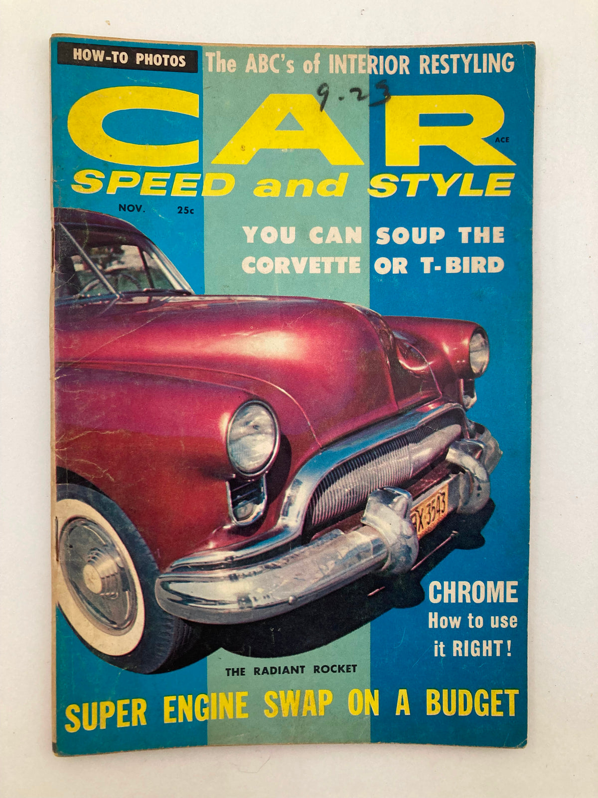 Car Speed and Style Magazine November 1958 featuring the Radiant Rocket on the cover with a vintage red car. Highlights include articles on custom cars and garage tips.