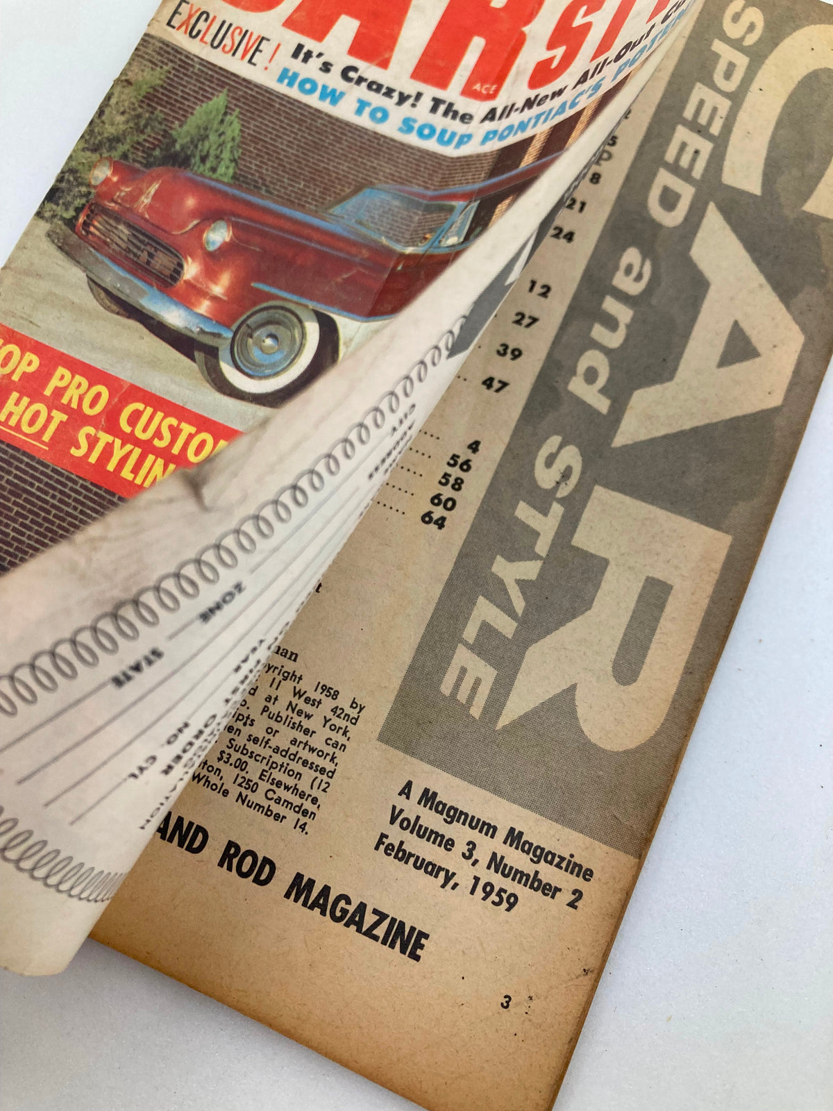 Inside view of VTG Car Speed & Style Magazine February 1959 displaying magazine details and contents related to classic cars.