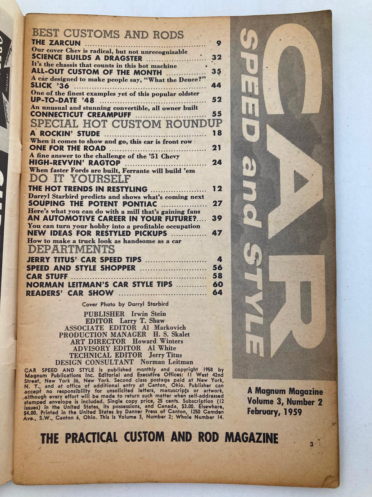 Contents page of VTG Car Speed & Style Magazine February 1959 highlighting articles on custom cars and restorations.