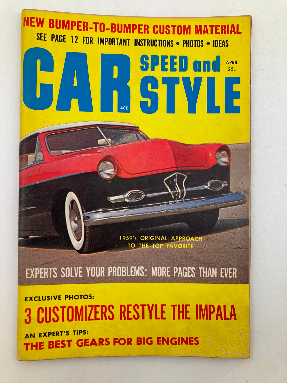 Cover of VTG Car Speed & Style Magazine April 1959 Vol 3 #4 featuring a classic red car, with bold yellow text highlighting automotive customization tips.