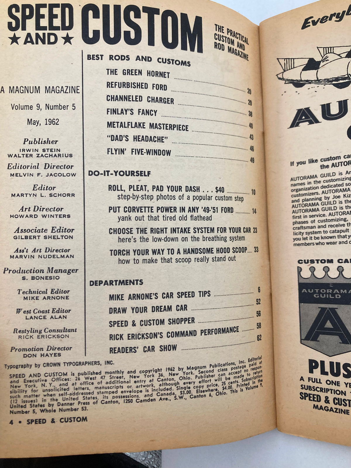 Interior page of VTG Speed & Custom Magazine May 1962 Vol 9 #5 displaying content about automotive projects and features, including a list of best rods and customs.