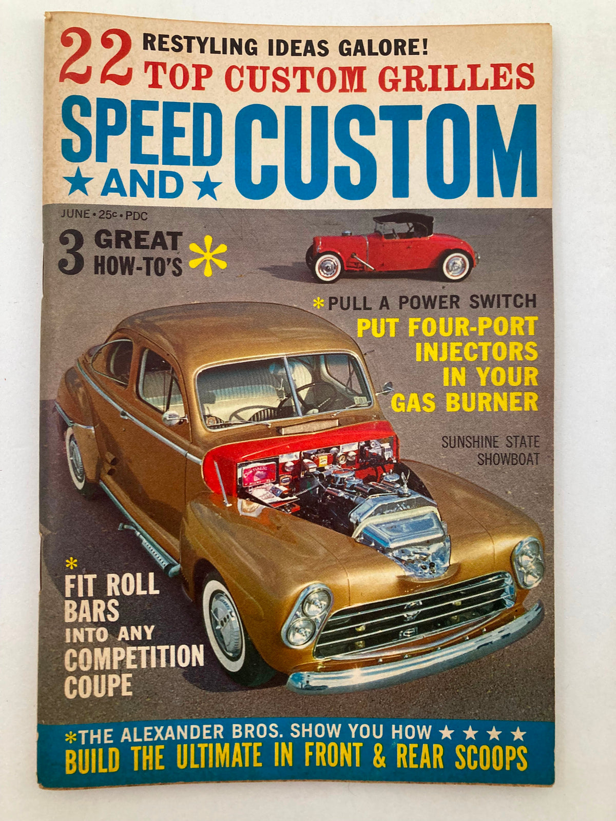 VTG Speed & Custom Magazine Cover from June 1962, featuring a golden custom car and red hot rod, highlighting top custom grilles and restoration ideas for automotive enthusiasts.