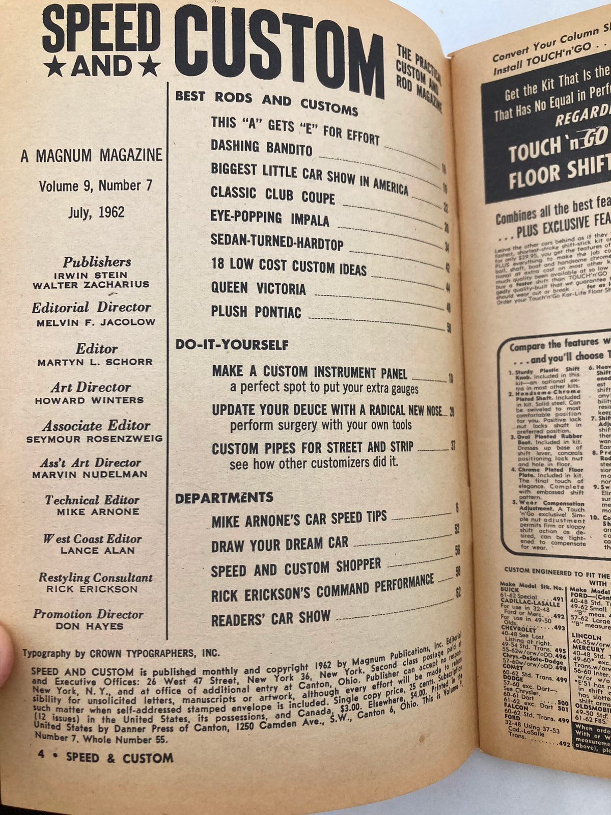 Interior page of VTG Speed & Custom Magazine July 1962 Vol 9 #7, highlighting articles and features including the Dashing Bandito and customization tips.