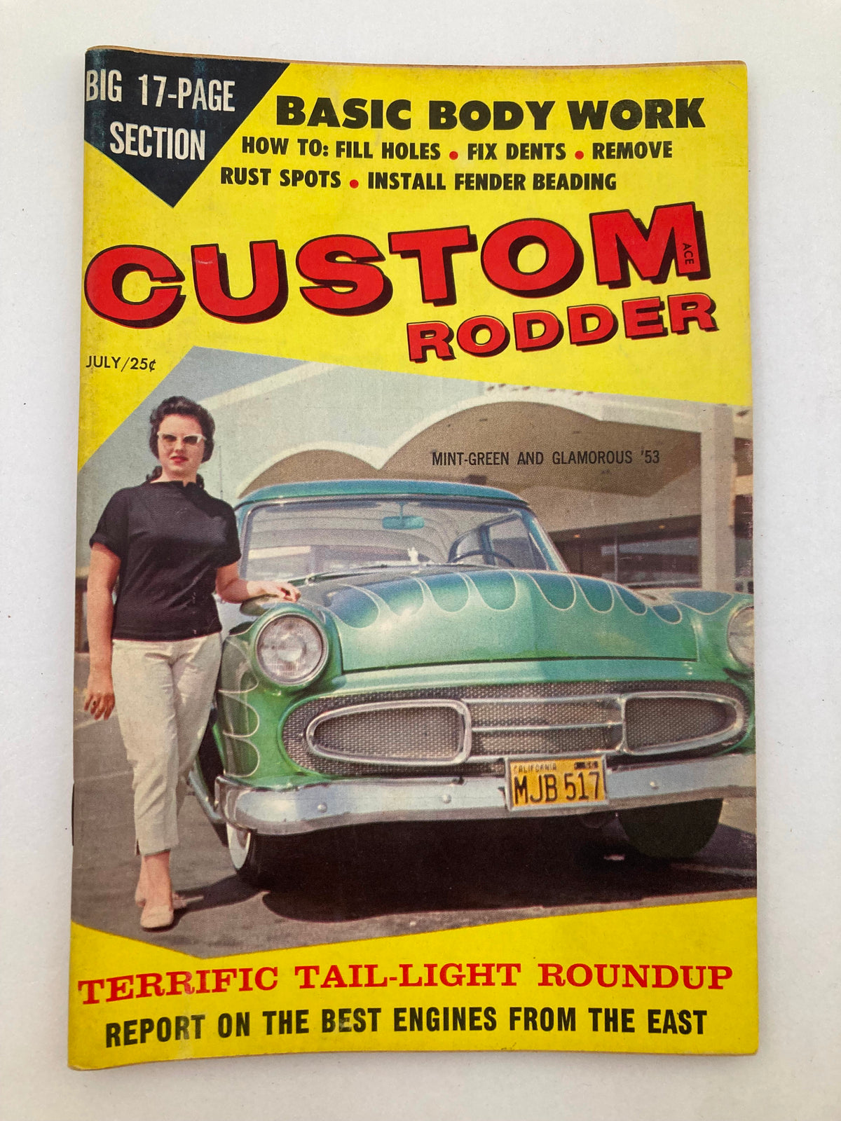 Vintage Custom Rodder Magazine July 1959 Cover featuring a mint green car, model in black outfit, showcasing the title 'Custom Rodder' with eye-catching graphics.