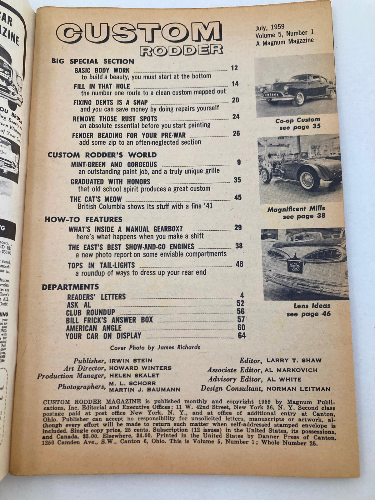 Interior page of Vintage Custom Rodder Magazine July 1959, Volume 5 Issue 1, displaying the contents including articles and sections like 'Basic Body Work' and 'Mint-Green and Gorgeous'.