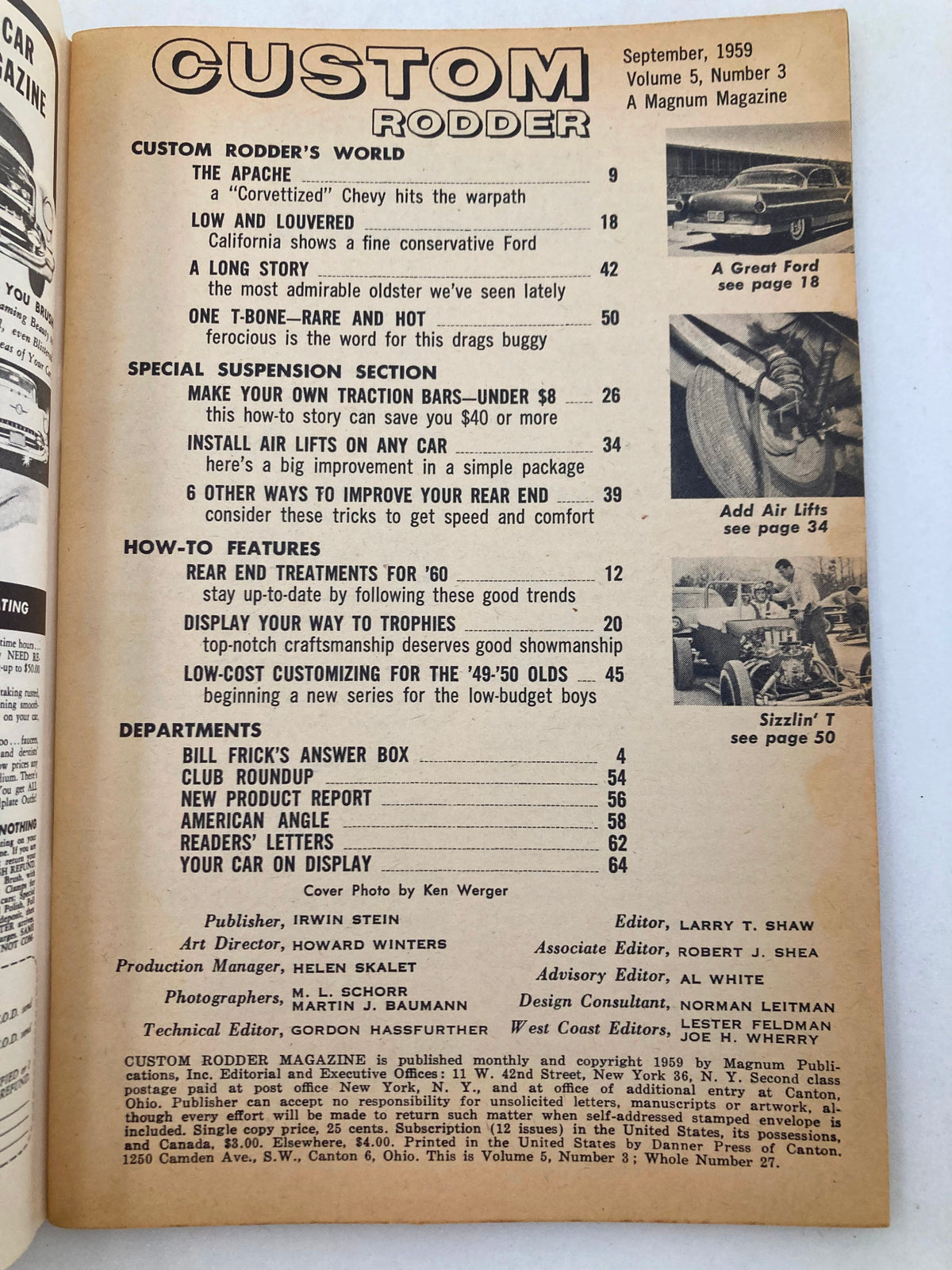 Table of contents of VTG Custom Rodder Magazine September 1959, Vol 5, Issue 3, featuring articles on customizing cars, including features on the Radical '56 Chevy.