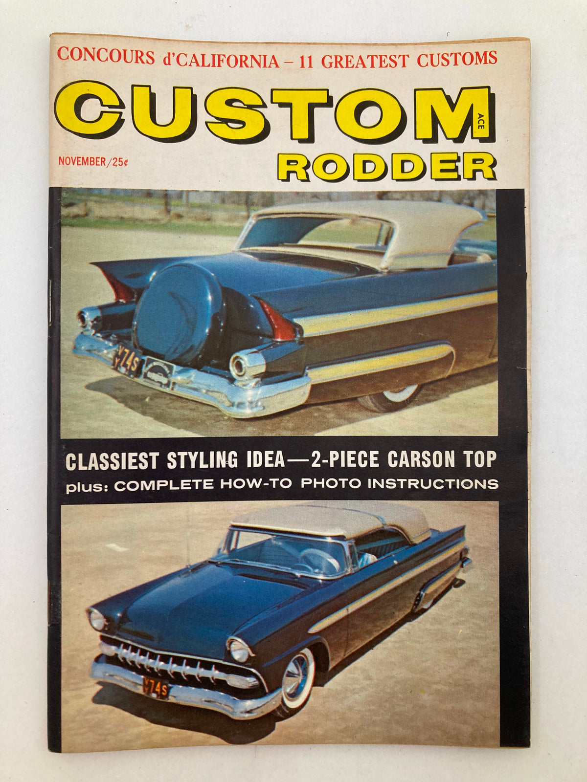 Custom Rodder Magazine November 1959 Cover featuring classic cars with a stylish two-piece Carson top design, showcasing the classiest styling ideas from the late 1950s.
