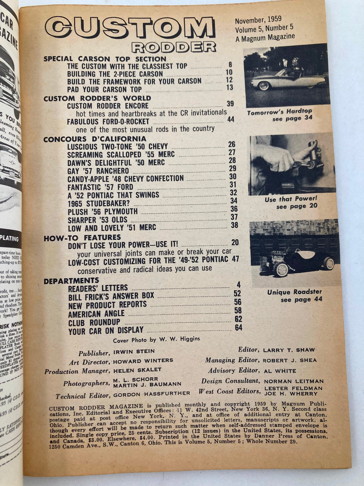 Table of contents from the Vintage Custom Rodder Magazine, November 1959, Vol 5 #5, showcasing featured articles and topics related to automotive customization and classic cars.