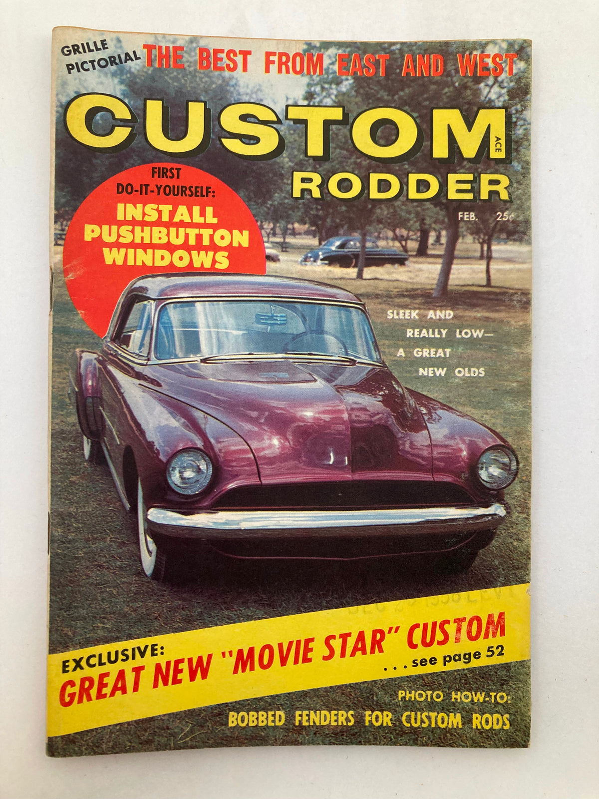 Cover of Vintage Custom Rodder Magazine February 1959 Vol 4 #2 featuring a sleek and low Oldsmobile car, with bold headlines including DIY tips for pushbutton windows and a feature on a new movie star custom.